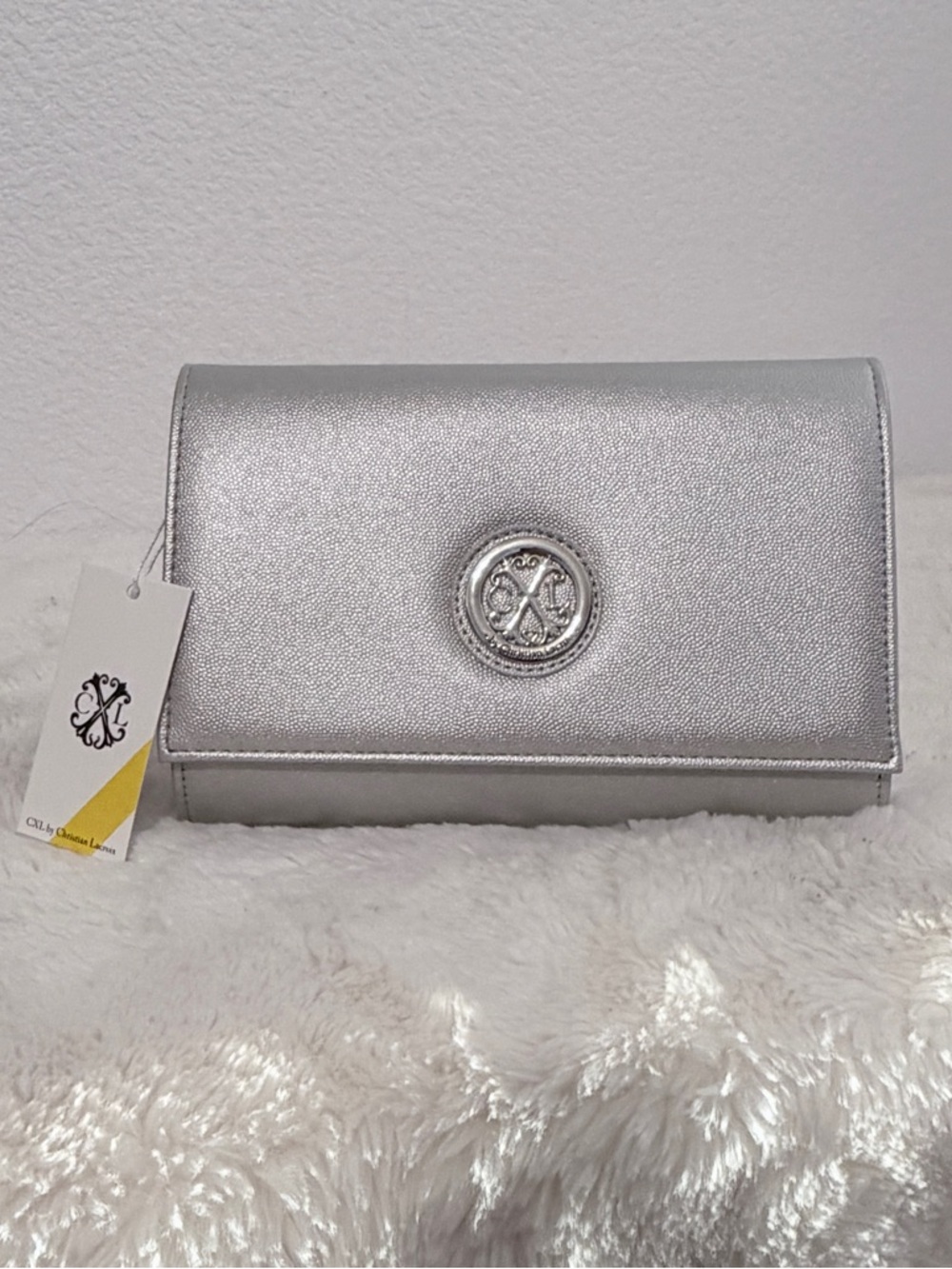 Christian Lacroix Silver Metallic Envelope Clutch w/ Detachable Chain NWT